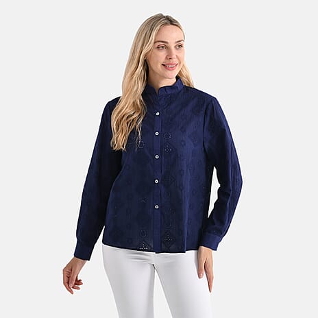 - Maisi 100% Cotton Embroidered Shirt with Stand-up Collar (Size 16) - Navy