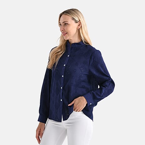 - Maisi 100% Cotton Embroidered Shirt with Stand-up Collar (Size 18) - Navy