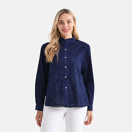 - Maisi 100% Cotton Embroidered Shirt with Stand-up Collar (Size 20) - Navy