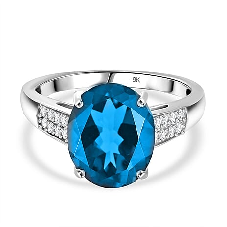 9K White Gold London Blue Topaz & White Diamond (I2-G-H) Ring 4.37 Ct.