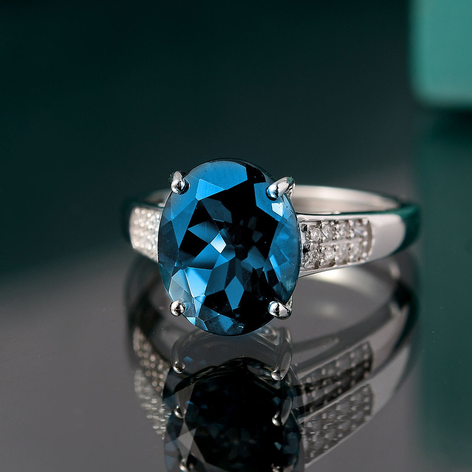 9K White Gold London Blue Topaz & White Diamond (I2-GH) Ring 4.37 Ct.