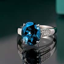 9K White Gold London Blue Topaz & White Diamond (I2-GH) Ring 4.37 Ct.