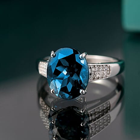 9K White Gold London Blue Topaz & White Diamond (I2-G-H) Ring 4.37 Ct.