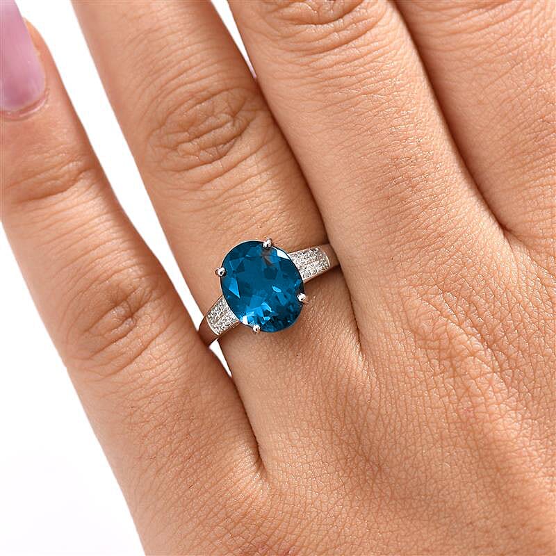 9K White Gold London Blue Topaz & White Diamond (I2-GH) Ring 4.37 Ct.