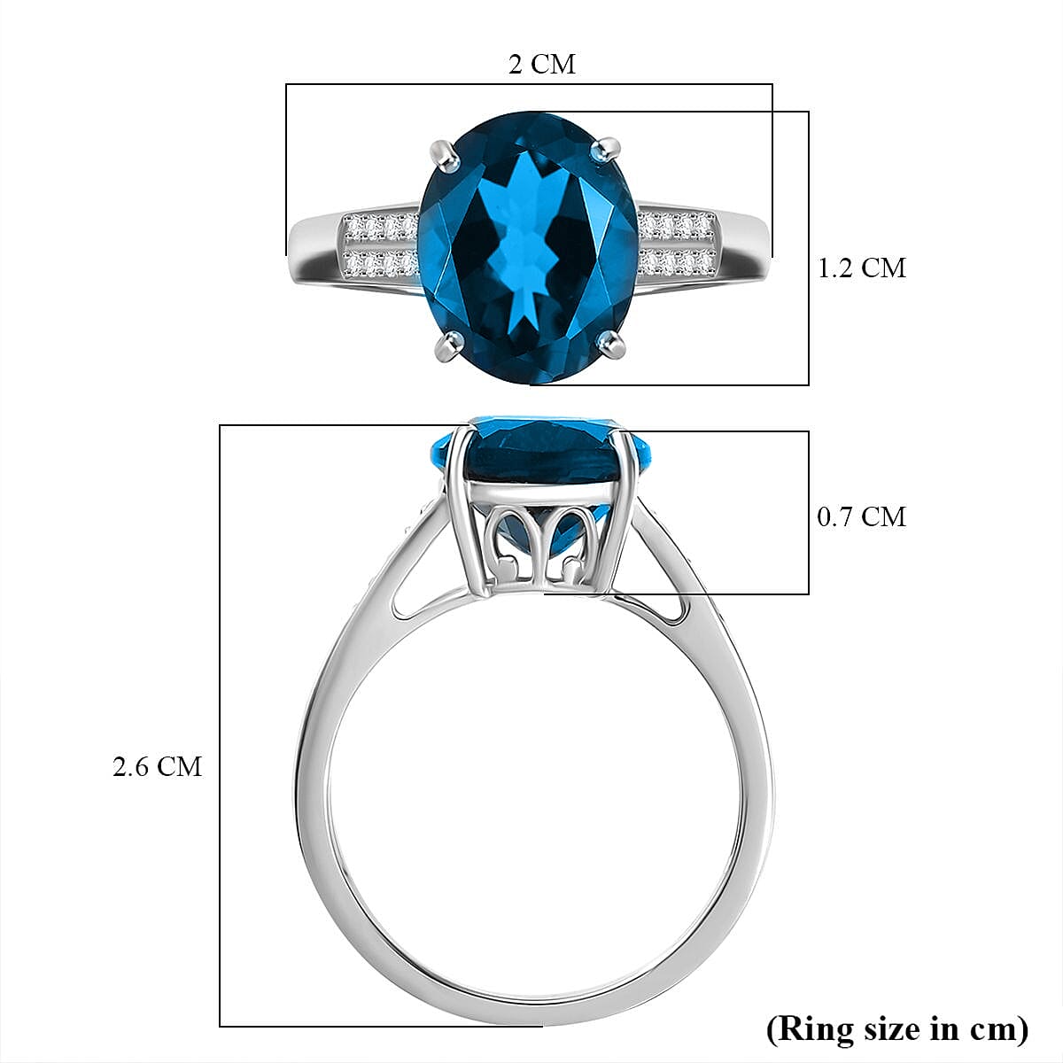 9K White Gold London Blue Topaz & White Diamond (I2-GH) Ring 4.37 Ct.
