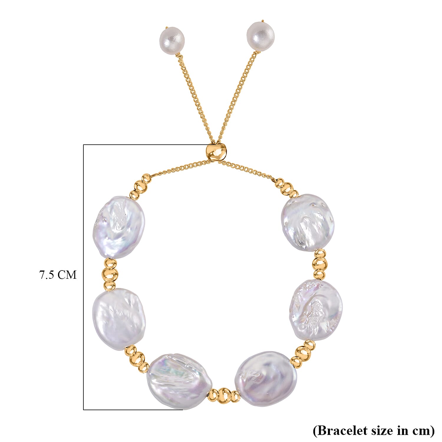White Fresh Water Pearl Bracelet (Size 6-9 Inch Adjustable) in Gold Tone White Fresh Water Pearl Bracelet (Size 6-9 Inch Adjustable) in Gold Tone