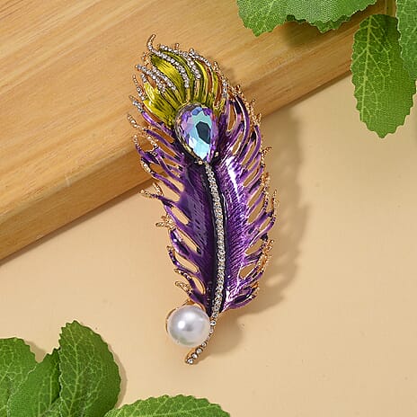 Austrian White Crystal & Purple Magic Color Crystal Pendent Cum Brooch with Enamel in Yellow Gold Plated -Leaf