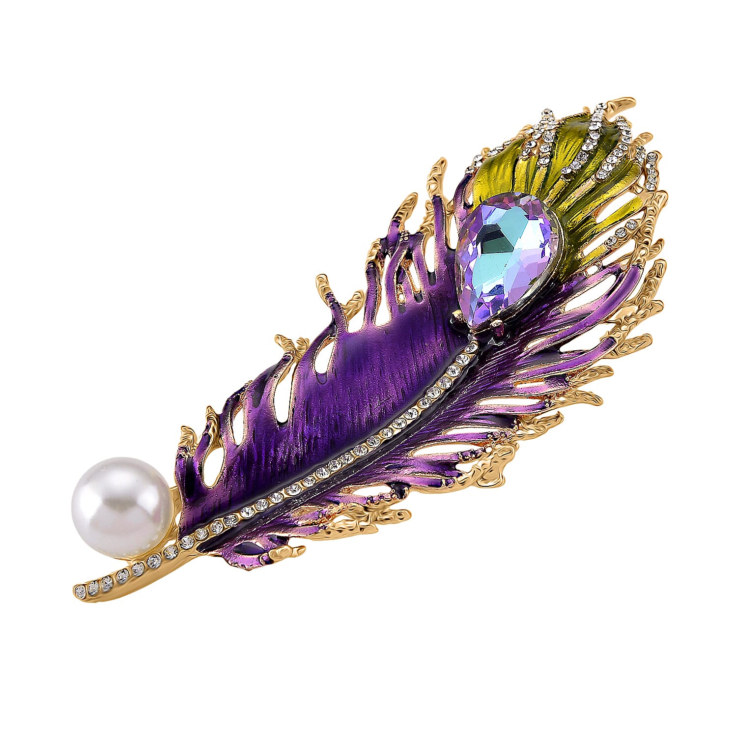 Austrian White Crystal & Purple Magic Color Crystal Pendent Cum Brooch with Enamel in Yellow Gold Plated -Leaf