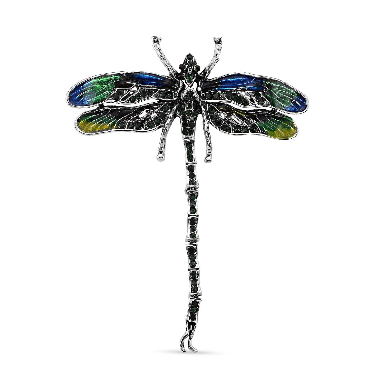 Austrian Black Crystal & Austrian Green Crystal Brooch with Enamel in Silver Colour Plated - Dragonfly
