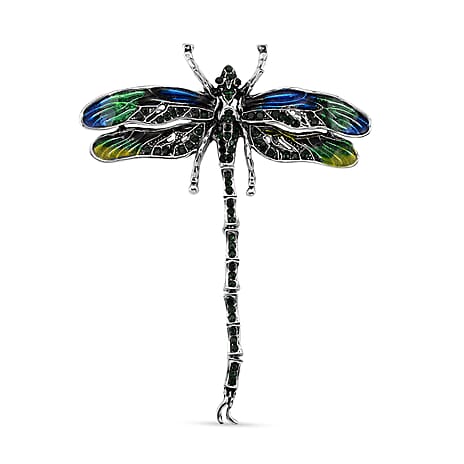 Austrian Black Crystal & Austrian Green Crystal Brooch with Enamel in Silver Colour Plated - Dragonfly