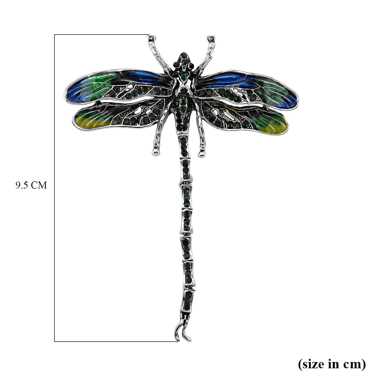 Austrian Black Crystal & Austrian Green Crystal Brooch with Enamel in Silver Colour Plated - Dragonfly