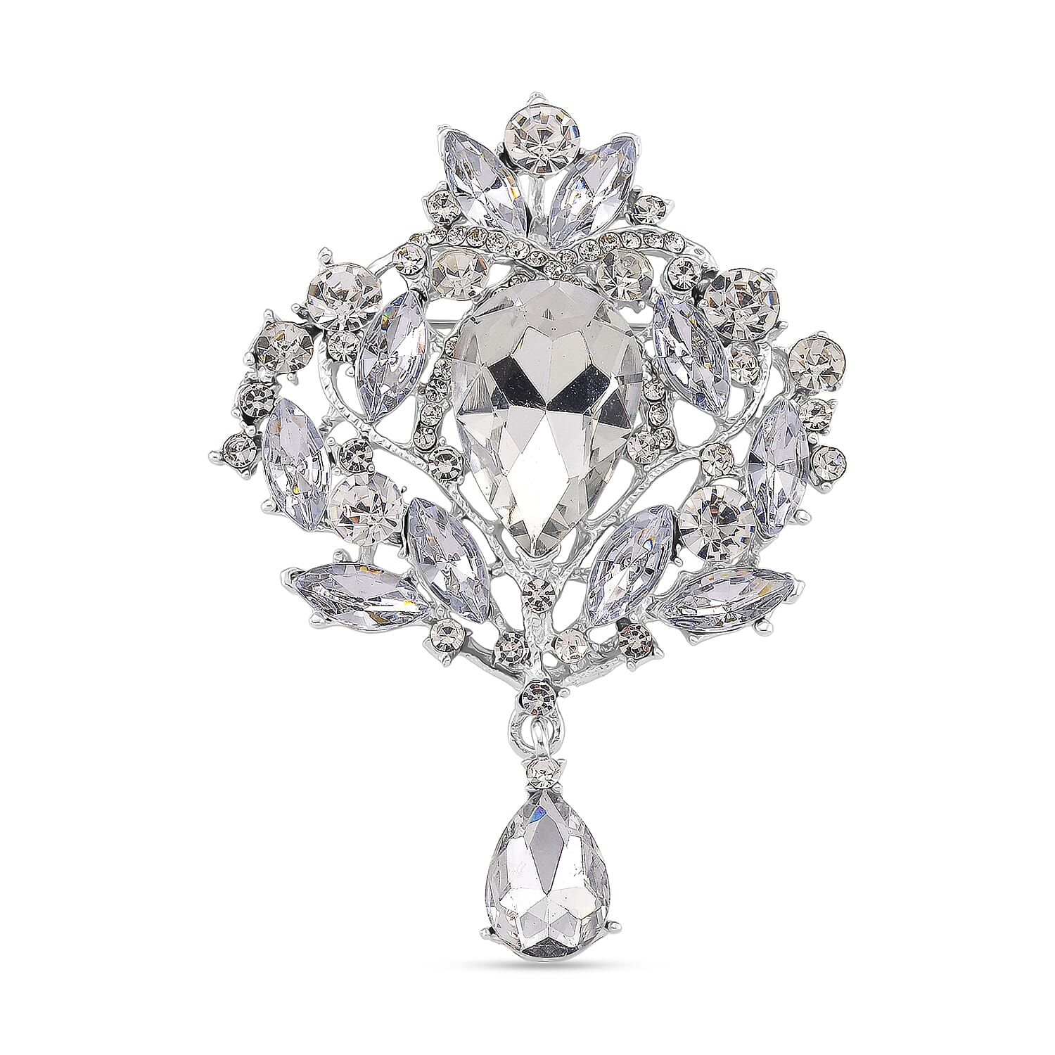 Austrian White Crystal Brooch Cum Pendant in Silver Colour Plated