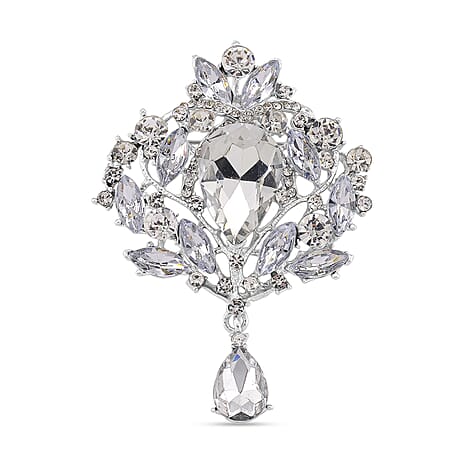 Austrian White Crystal Brooch Cum Pendant in Silver Colour Plated
