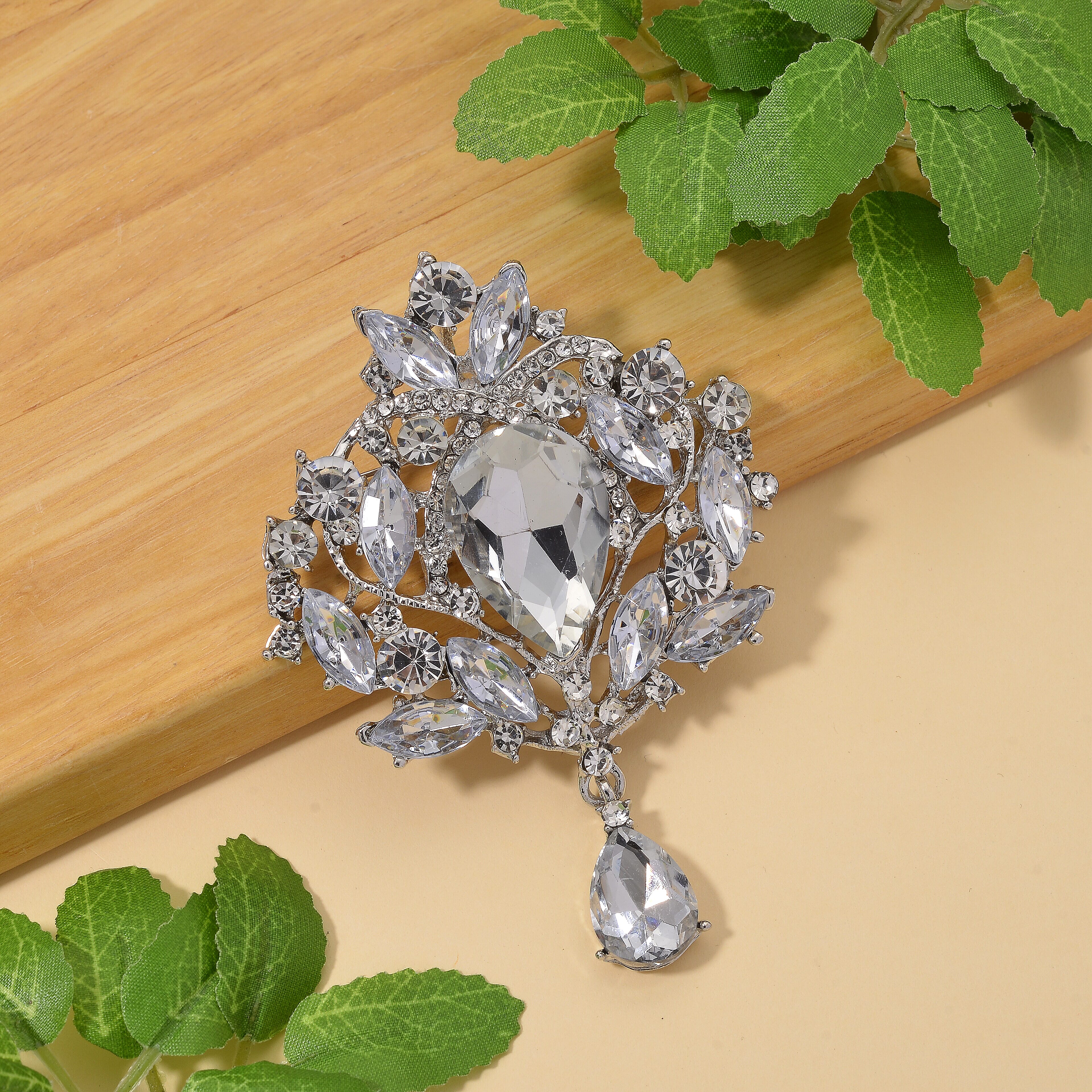 Austrian White Crystal Brooch Cum Pendant in Silver Colour Plated