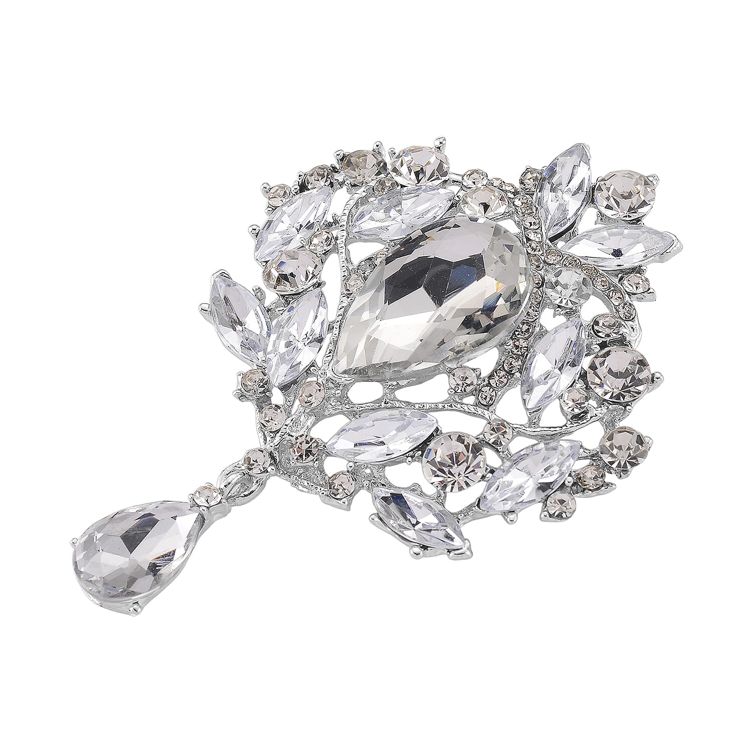 Austrian White Crystal Brooch Cum Pendant in Silver Colour Plated