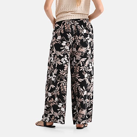 - Maisi Leaf Print Wide Leg Trouser (Size M) - Black Base with White - Brown Flowers