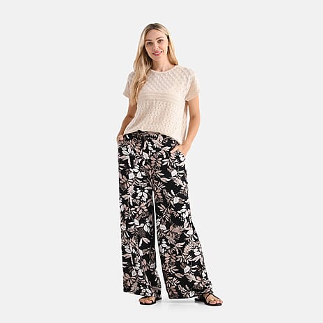 - Maisi Leaf Print Wide Leg Trouser (Size L) - Black with White - Brown Flowers