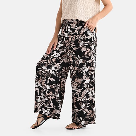 - Maisi Leaf Print Wide Leg Trouser (Size L) - Black with White - Brown Flowers