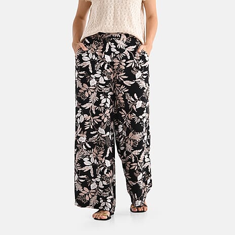- Maisi Leaf Print Wide Leg Trouser (Size XL) - Black Base with White - Brown Flowers