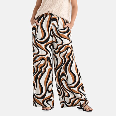- Maisi Wave Pattern Wide Leg Trouser (Size XL) - Off White Base with Black - Brown Print