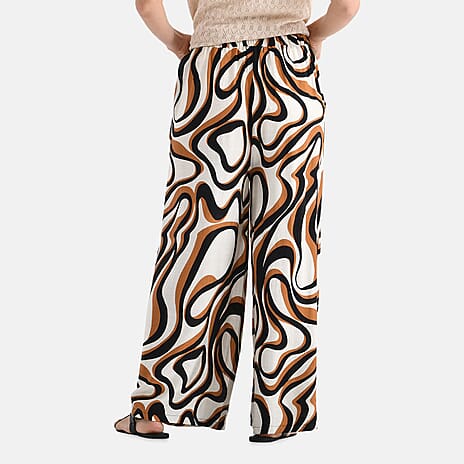 - Maisi Wave Pattern Wide Leg Trouser (Size XL) - Off White Base with Black - Brown Print