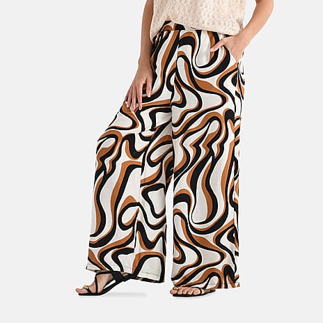- Maisi Wave Pattern Wide Leg Trouser (Size XL) - Off White Base with Black - Brown Print