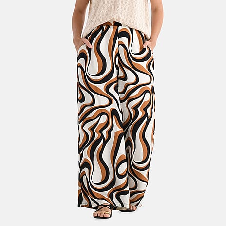 - Maisi Wave Pattern Wide Leg Trouser (Size XL) - Off White Base with Black - Brown Print
