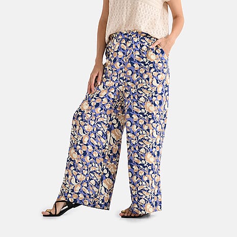 - Maisi Floral Print Wide Leg Trouser (Size XL) - Purple Base with Light Brown - Yellow Flowers
