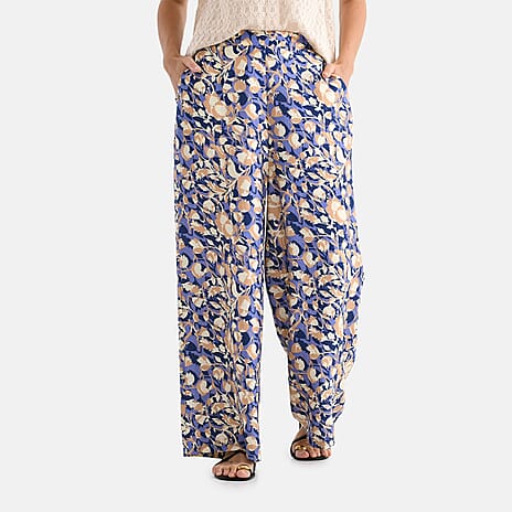 - Maisi Floral Print Wide Leg Trouser (Size XL) - Purple Base with Light Brown - Yellow Flowers