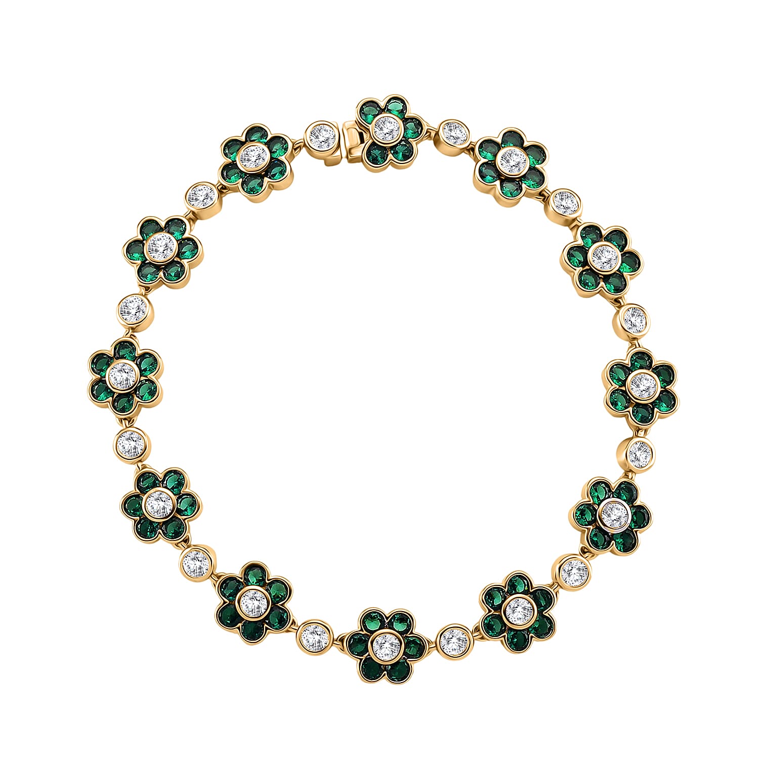 White Cubic Zirconia & Created Green Spinel Bracelet (Size - 7.5) in Yellow Gold Colour Tone 15.00 Ct.