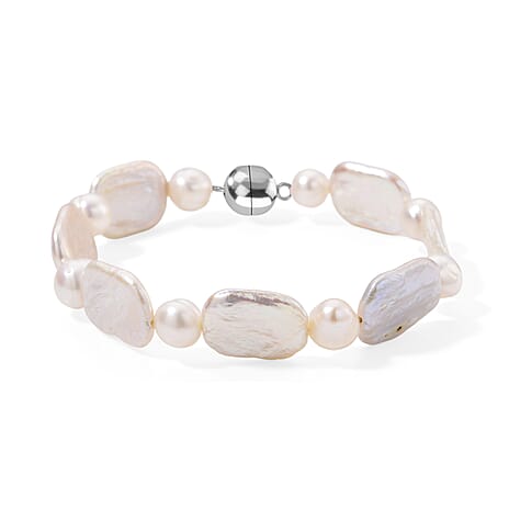 Keshi Pearl & White Fresh Water Pearl Bracelet (Size - 8) in Rhodium Overlay Sterling Silver 72.00 Ct.
