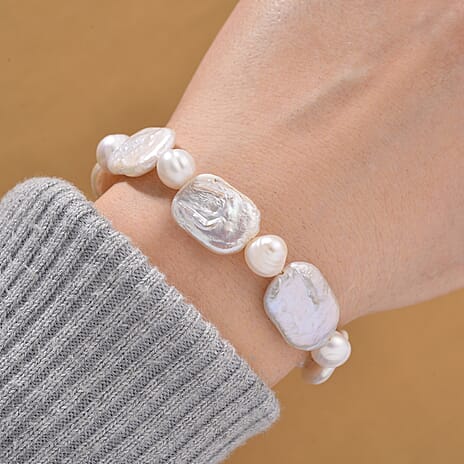 Keshi Pearl & White Fresh Water Pearl Bracelet (Size - 8) in Rhodium Overlay Sterling Silver 72.00 Ct.