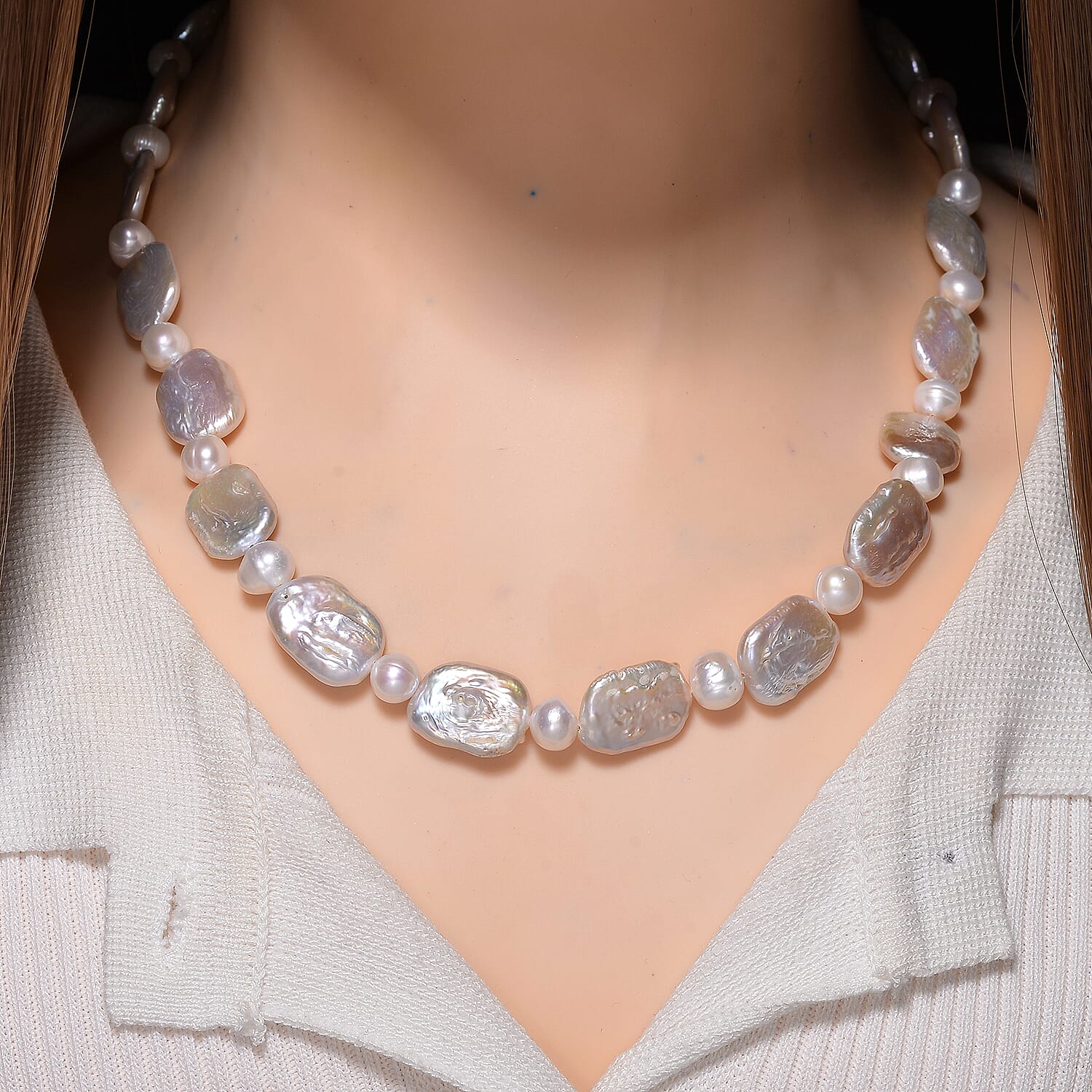 Keshi Pearl & White Fresh Water Pearl Necklace (Size - 20) With Magnetic Clasp in Rhodium Overlay Sterling Silver