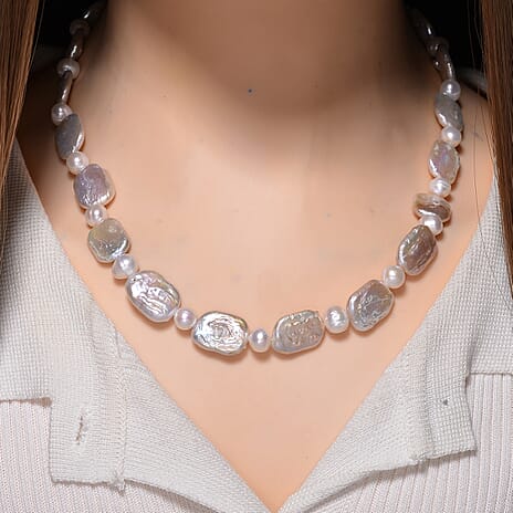 AAA Keshi Pearl & White Fresh Water Pearl Necklace (Size - 20) With Magnetic Clasp in Rhodium Overlay Sterling Silver 200.00 Ct.