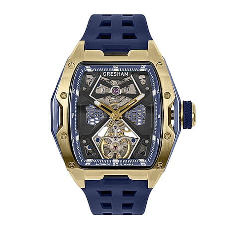 Gresham Genesis Automatic Skeleton Movement 5ATM Water Resistance Blue Dial Mens Watch with Blue Rubber Strap
