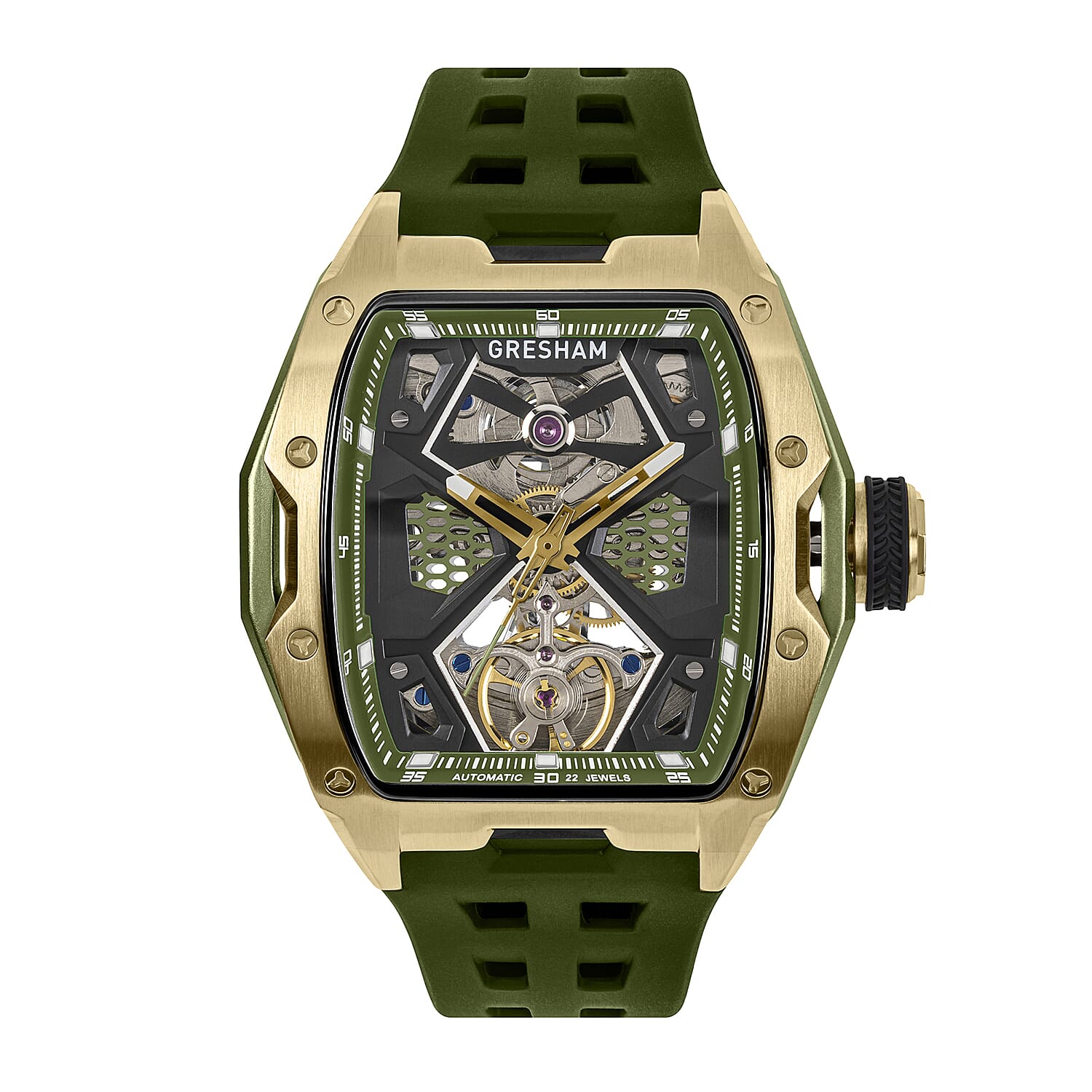 Gresham Genesis Automatic Skeleton Movement 5ATM Water Resistance Green Dial Mens Watch with Green Rubber Strap