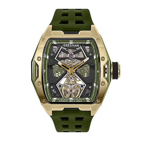 Gresham Genesis Automatic Skeleton Movement 5ATM Water Resistance Green Dial Mens Watch with Green Rubber Strap