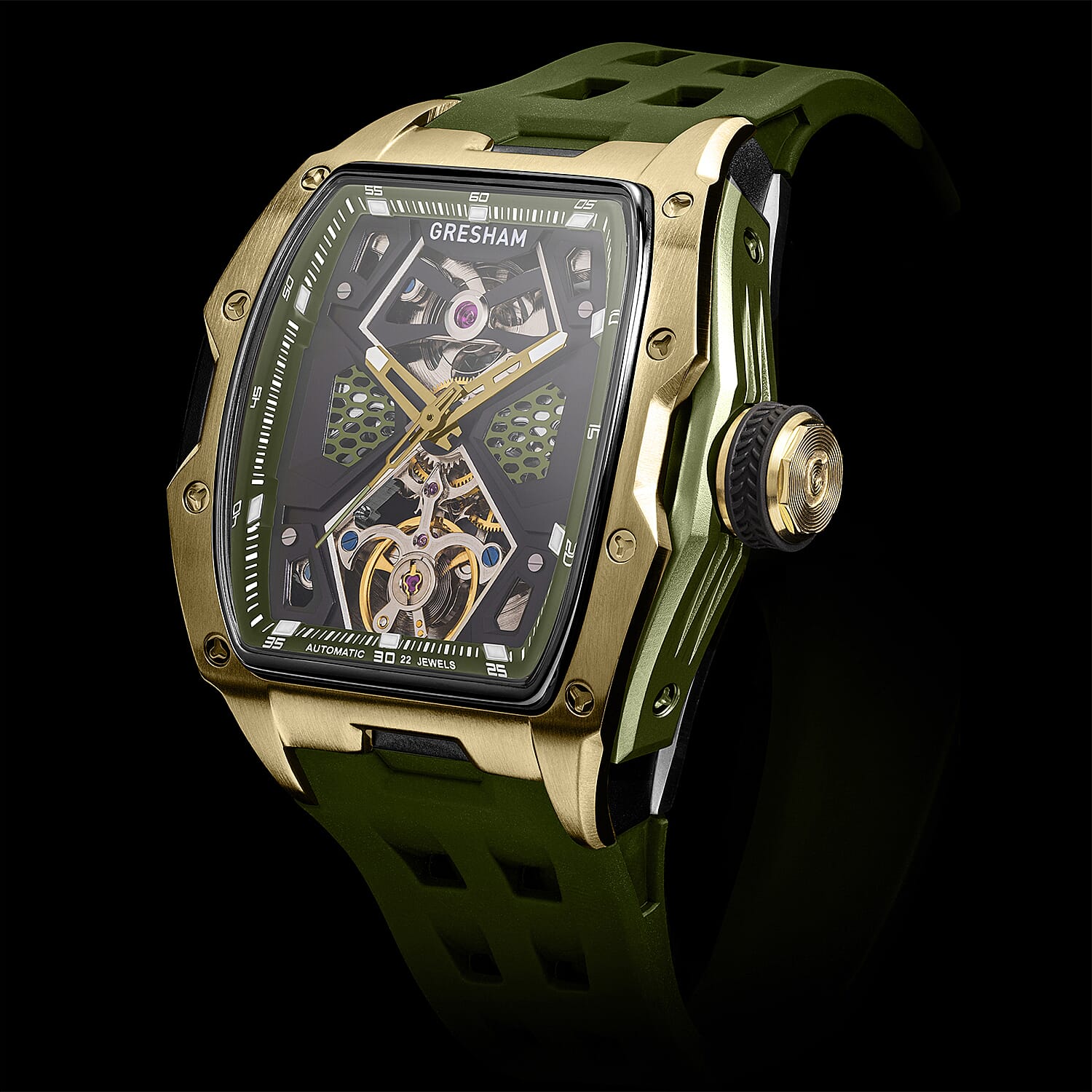 Gresham Genesis Automatic Skeleton Movement 5ATM Water Resistance Green Dial Mens Watch with Green Rubber Strap