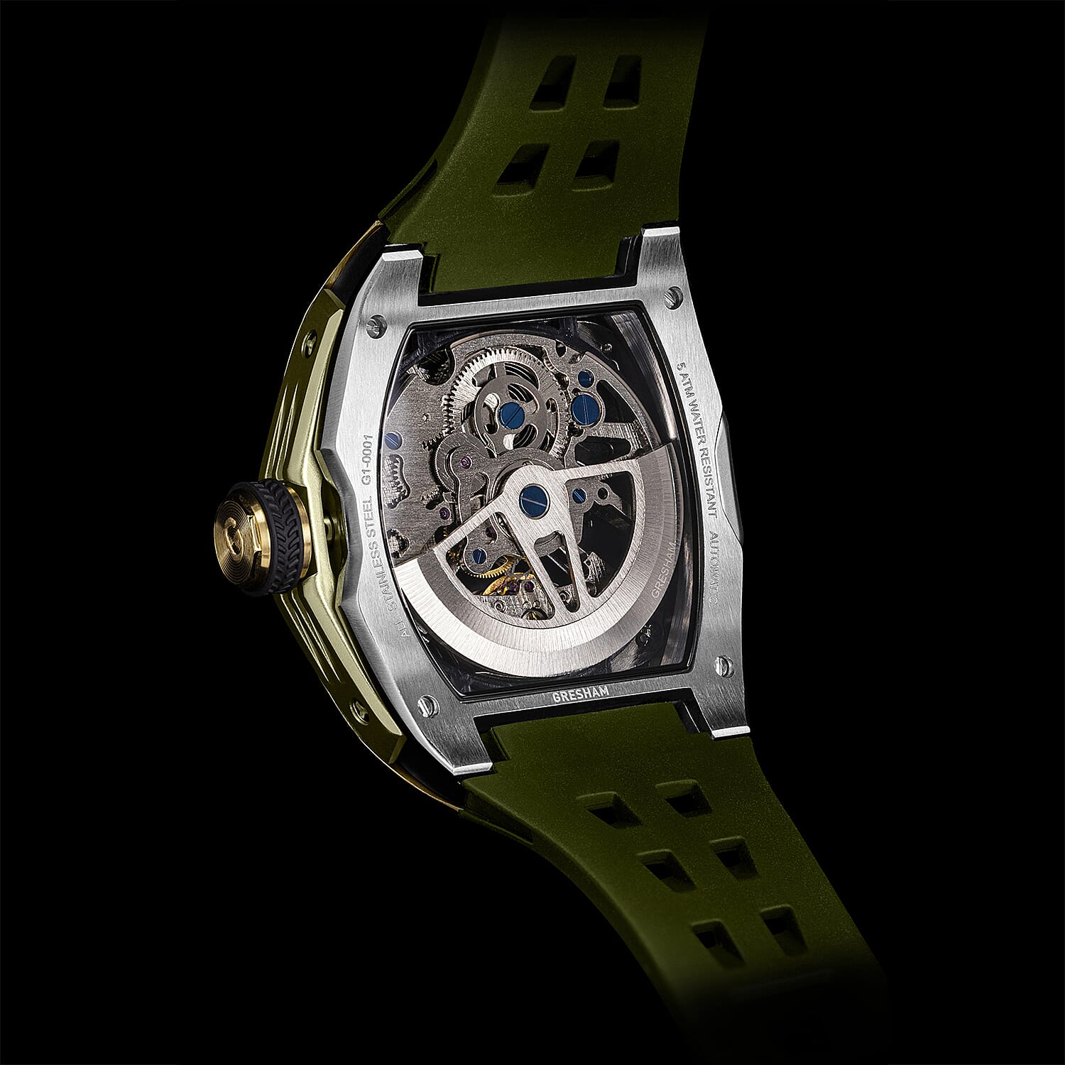 Gresham Genesis Automatic Skeleton Movement 5ATM Water Resistance Green Dial Mens Watch with Green Rubber Strap