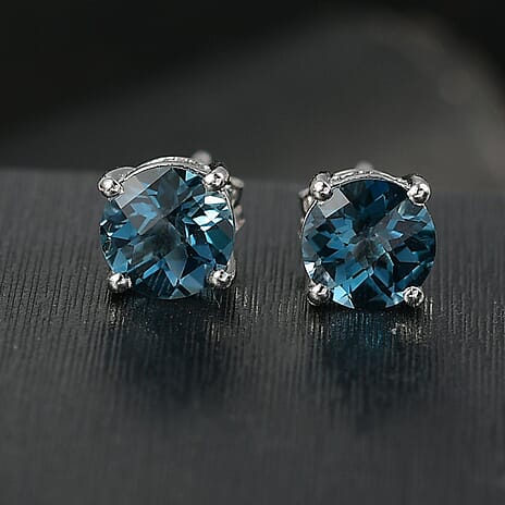 London Blue Topaz Solitaire Stud Push Post Earring in Rhodium Overlay Sterling Silver 2.48 Ct.