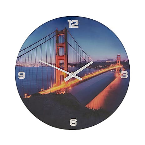 Hometime Golden Gate Bridge Design Glass Wall Clock (30cm) - Blue