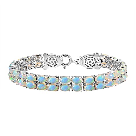 Designer Inspired - Ethiopian Opal & Brown Zircon Cluster Double Panther Bracelet (Size 7.5) in Rhodium Overlay Sterling Silver 14.75 Ct, Silver Wt. 16.90 Gms.
