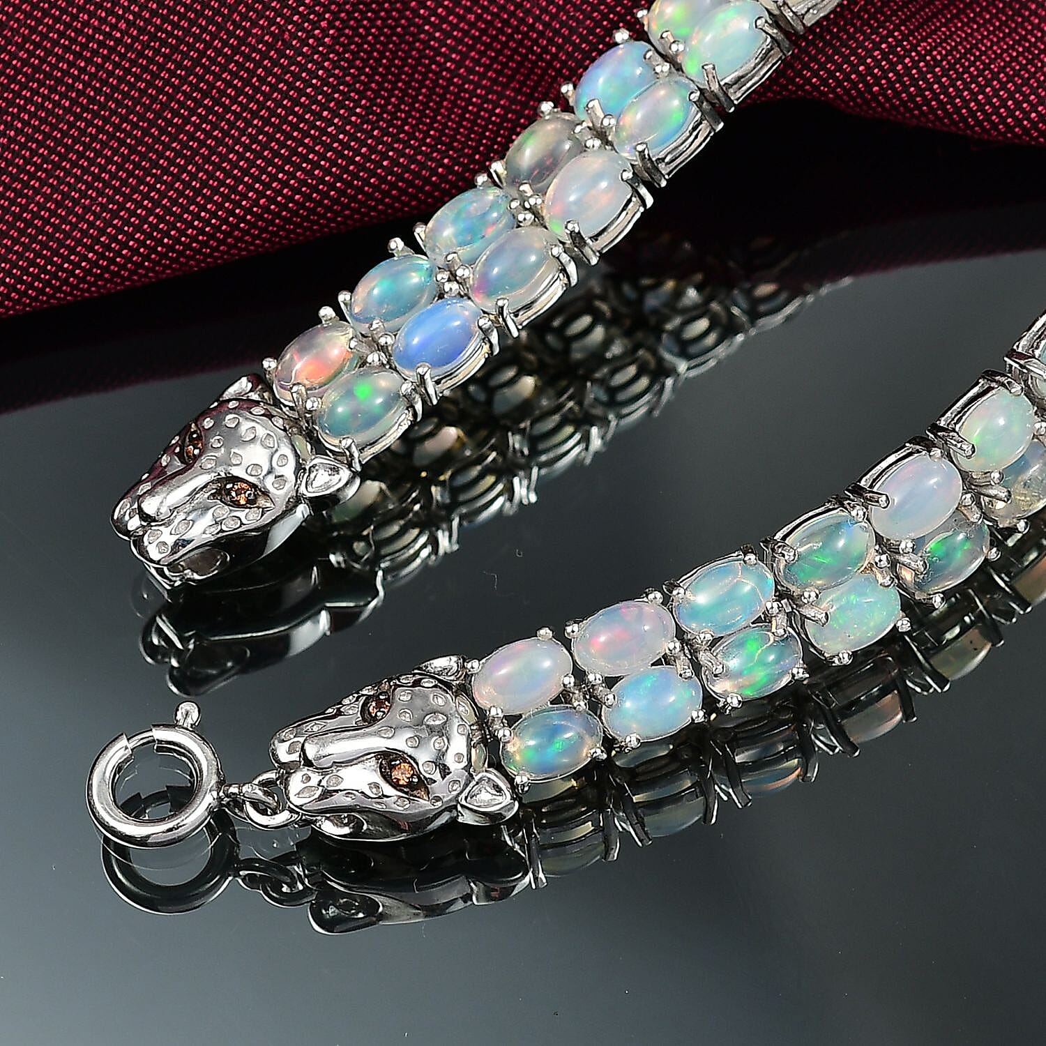Designer Inspired - Ethiopian Opal & Brown Zircon Cluster Double Panther Bracelet (Size 7.5) in Rhodium Overlay Sterling Silver 14.75 Ct, Silver Wt. 16.90 Gms.