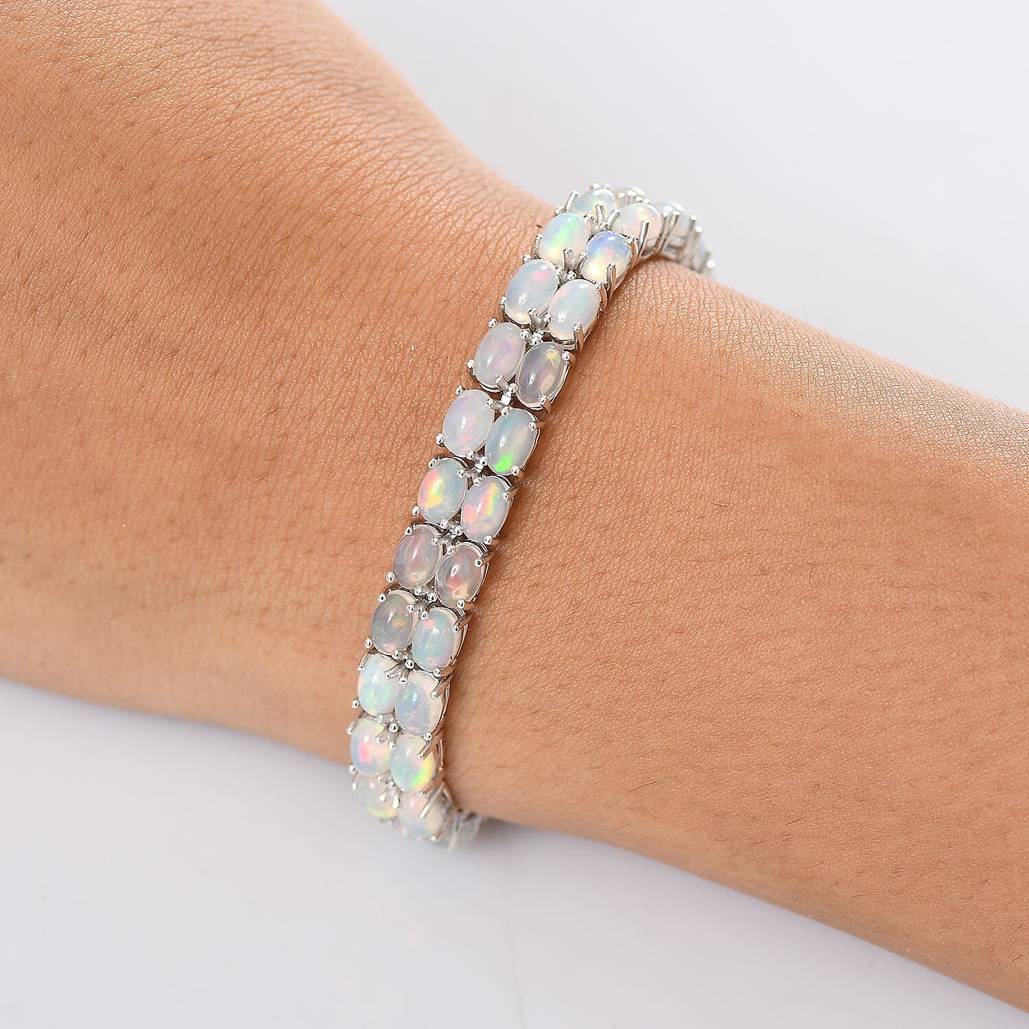 Designer Inspired - Ethiopian Opal & Brown Zircon Cluster Double Panther Bracelet (Size 7.5) in Rhodium Overlay Sterling Silver 14.75 Ct, Silver Wt. 16.90 Gms.