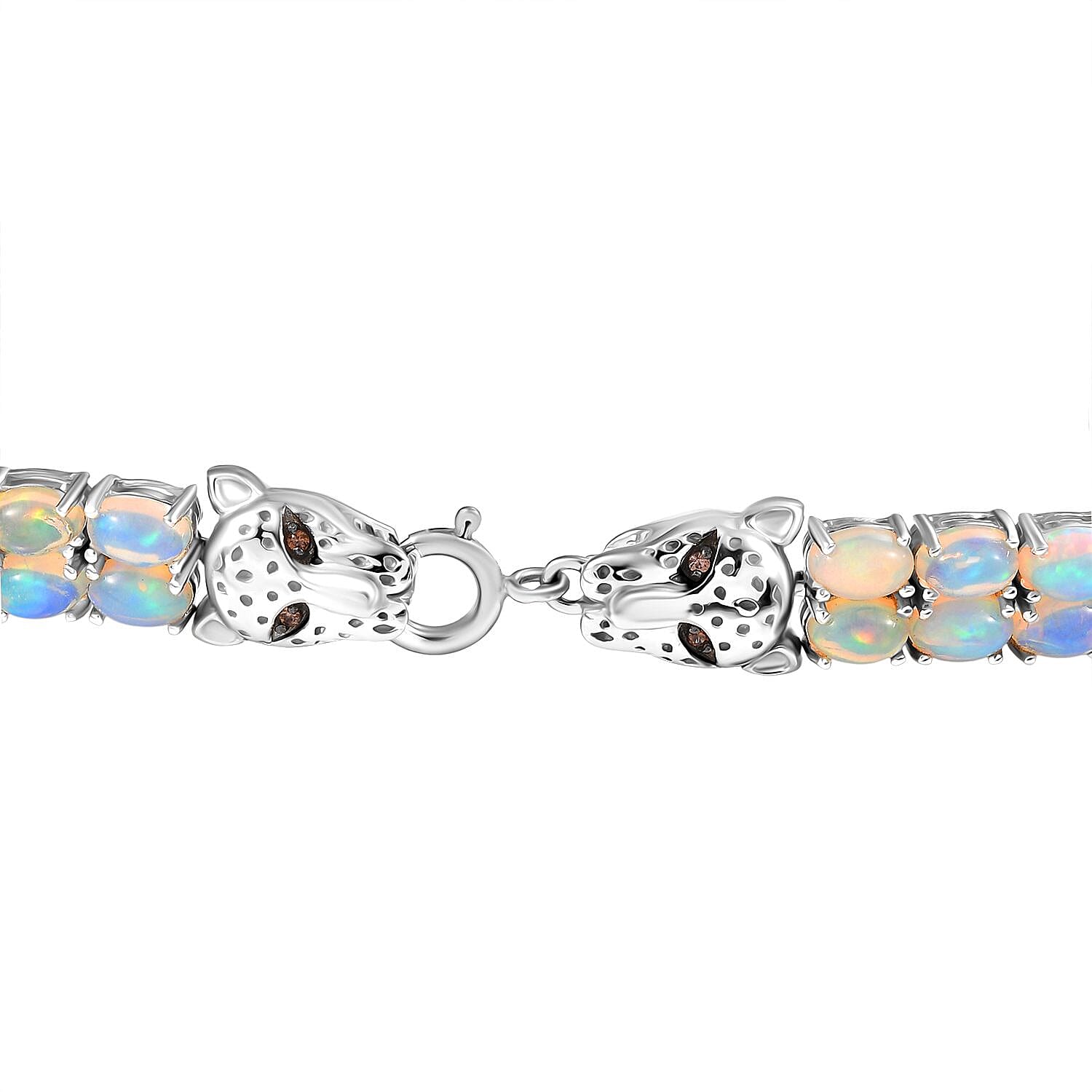 Designer Inspired - Ethiopian Opal & Brown Zircon Cluster Double Panther Bracelet (Size 7.5) in Rhodium Overlay Sterling Silver 14.75 Ct, Silver Wt. 16.90 Gms.