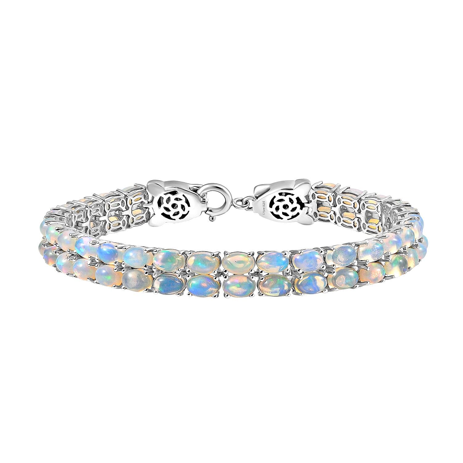 Designer Inspired - Ethiopian Opal & Brown Zircon Cluster Double Panther Bracelet (Size 8) in Rhodium Overlay Sterling Silver 15.92 Ct, Silver Wt. 18.09 Gms.