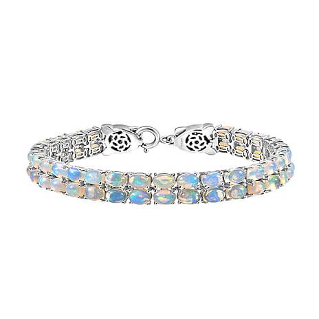 Designer Inspired - Ethiopian Opal & Brown Zircon Cluster Double Panther Bracelet (Size 8) in Rhodium Overlay Sterling Silver 15.92 Ct, Silver Wt. 18.09 Gms.