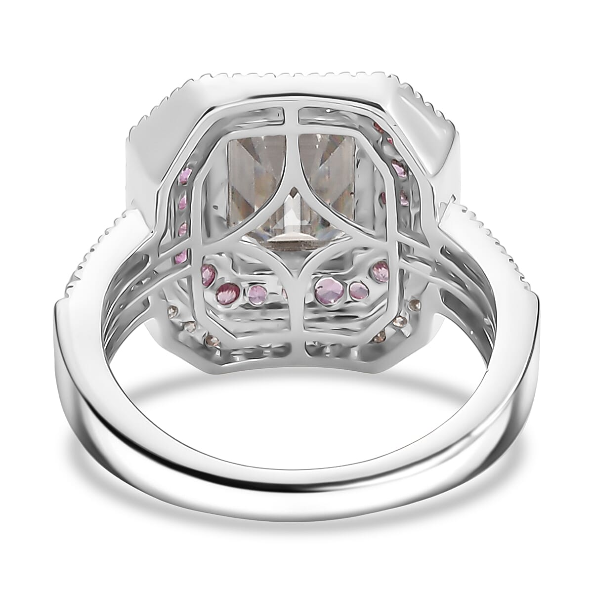 D'joy Moissanite & Pink Sapphire Ring in Rhodium Overlay Sterling Silver 3.44 Ct. D'joy Moissanite & Pink Sapphire Ring in Rhodium Overlay Sterling Silver 3.44 Ct.