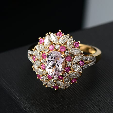 THE SUMMER RING OF 2025 - Premium Martha Rocha Kunzite, Pink Sapphire & Moissanite Ring in 18K Vermeil Yellow Gold Sterling Silver 3.38 Ct.