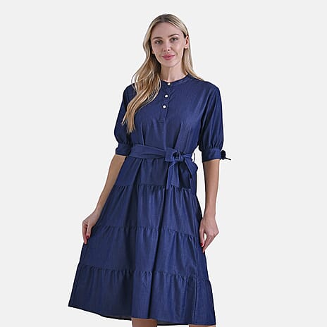 La Marey Tiered Midi Dress with Puff Sleeves & Tie Waist  (Size S) - Dark Blue